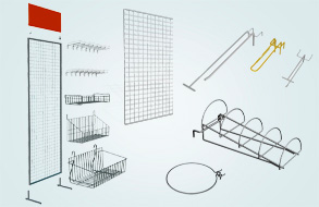 Сетки, сетчатые стенды с перфорацией, навесы и крючки